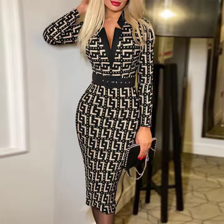 Vestido Midi Elegante De Cintura Alta Con Abertura Y Estampado Geométrico Para Mujer Vestido Elegante Para Oficina - 1