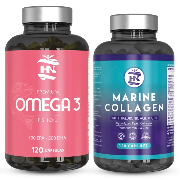 HN - Healthy Nutriton - Pack Omega 3 & Colageno Marino  - Omega 3 Capsulas 2000 mg a Base de Aceite de Pescado Omega3-120 Perlas Blandas de Acidos Grasos Omega 3 700mg EPA - 500mg DHA  - Colageno Marino Hidrolizado Puro con Acido Hialuronico y Vitamina C. - 1