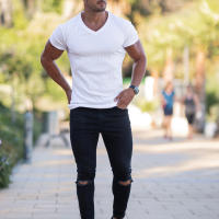 Camiseta De Hombre Con Cuello En V Y Manga Corta Para Fitness Y Gimnasio Verano Estilo Casual Color Sólido Moda Slim Fit - details 5