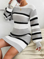 Vestido De Punto Con Bloque De Colores Y Rayas Contrasting Cuello Redondo Regular Largo De Rodilla Estilo Casual Para Mujer - details 3