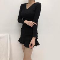 Vestido Mini Elegante De Mujer En Negro Con Cuello V Manga Larga Volantes Y Ajustado Estilo Y2k Para Otoño Ropa Moda - details 10