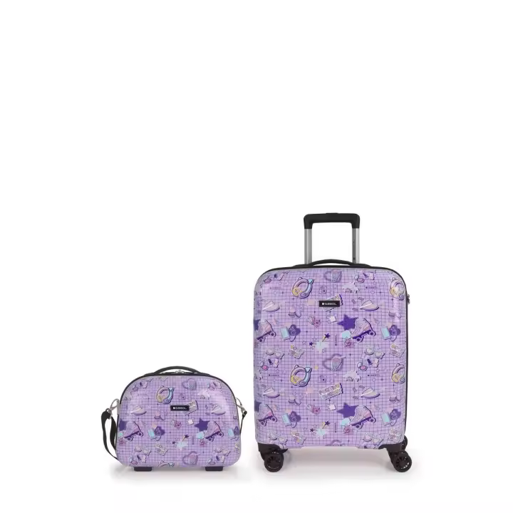 Juego de maleta de cabina y neceser Gabol, colección Funny, estampado escolar lila, 37,6L de capacidad - 1