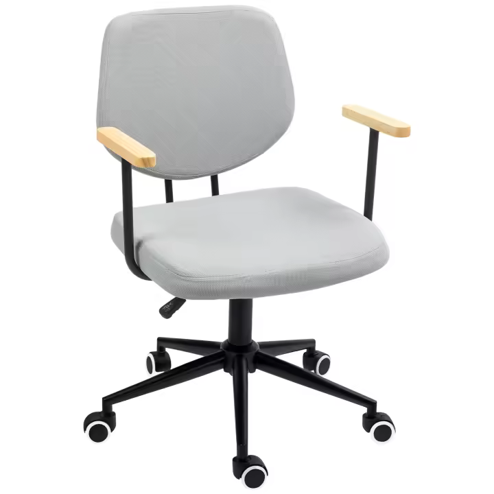 HOMCOM Silla de Oficina Silla de Escritorio con Reposabrazos de Madera y Altura Ajustable Silla Giratoria para Estudio Dormitorio Carga 120 kg Gris - 1