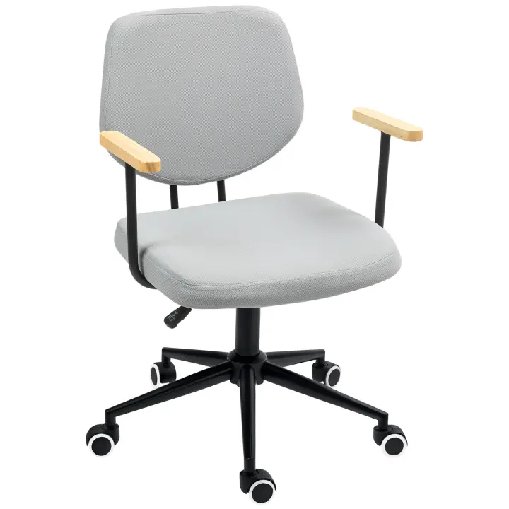 HOMCOM Silla de Oficina Silla de Escritorio con Reposabrazos de Madera y Altura Ajustable Silla Giratoria para Estudio Dormitorio Carga 120 kg Gris - 1