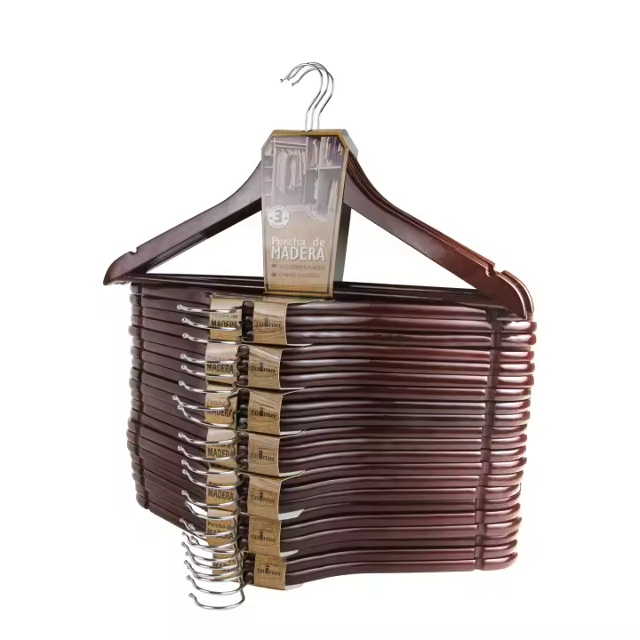 Pack 24 Perchas de madera color marrón. 44cm ancho x 23cm alto. Con ganchos giratorios 360º de acero, con muescas para vestidos y barra inferior. Perchas de armario ideales para blusas, pantalones, camisas, trajes. - 1