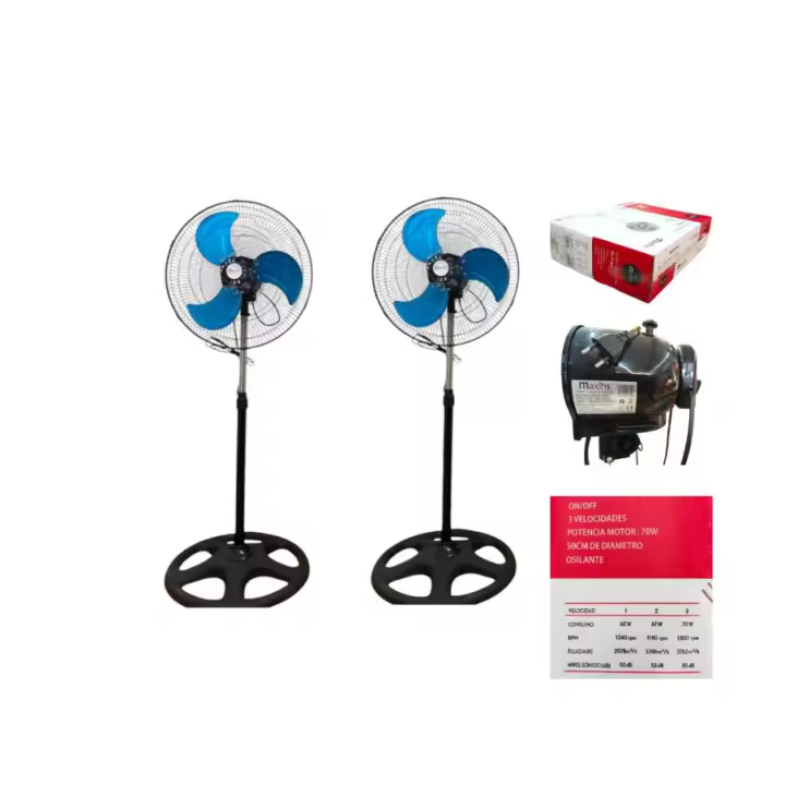 Ventilador de pie industrial grande Caja 2u Potencia Motor 70W,50CM diametros –  Ventilador Silencioso ,3 aspas metalicas Oscilante con 3 velocidades – REJILLA NEGRA flujo de aire 3805m³/H calidad de confianza - 1