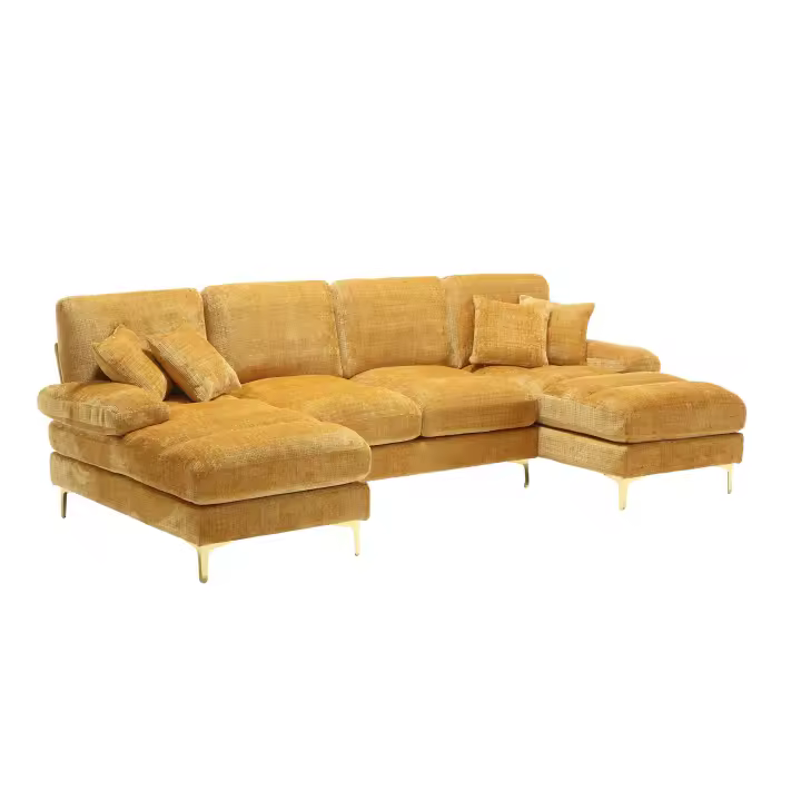 Sofá Moderno Grande de chenilla en forma de U with Doble reclinable para Salón, dormitorio, oficina, Apartamento, Casa de Campo y Sala de estar junto al fuego, Mostaza - 1