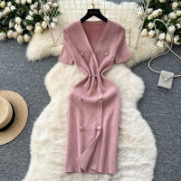 Vestido Tejido REALEFT 2025 Para Mujer Verano Cuello En V Corto Manga Metálico Botones Cintura Alta A-Line Longitud Media - details 2