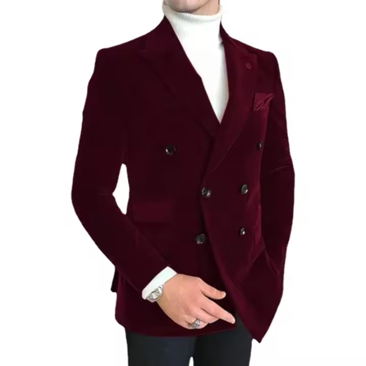 Chaqueta De Traje Para Hombre Estilo Italiano Slim Fit De Velours Con Pico Doble Botones Moda Casual Para Bodas Y Fiestas - 1