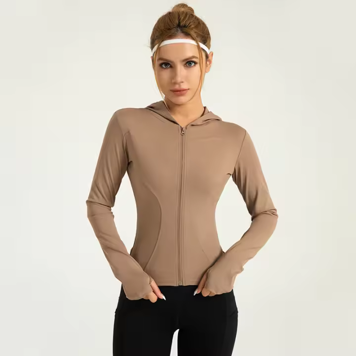 Chaqueta de yoga delgada con capucha Estiramiento que adelgaza a prueba de viento Correr Ciclismo Color sólido Chaqueta deportiva a prueba de viento - 1