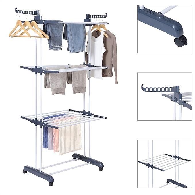 PopLiving-Tendedero Plegable de Acero Inoxidable para Ropa, 4 Niveles con Alas Laterales, 6 Bandejas Retráctiles, 35 kg de Capacidad, 4 ruedas universales con frenos y Diseño Plegable para Ahorrar Espacio , para Interior y Exterior