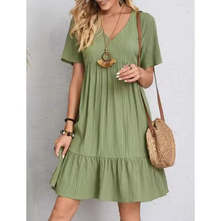 Vestido Casual De Verano Para Mujer Con Cuello En V Y Falda De Encaje Corto Manga Corta Color Sólido A-Line Longitud De Rodilla - 1
