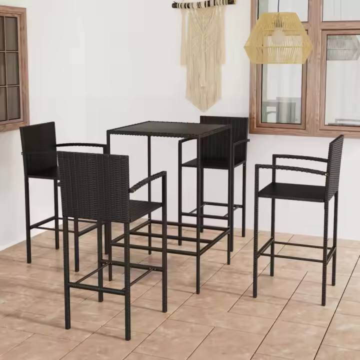 vidaXL Mesa y taburetes altos jardín y cojines 5 pzas ratán PE negro - 1