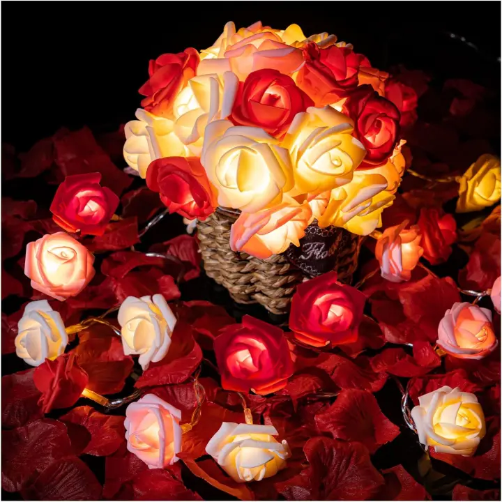 Guirnalda de luces LED con forma de rosa, funciona con pilas, románticas rosas rojas, rosas y blancas, guirnalda de flores artificiales de 3 m, luces LED para decoración navideña - 1