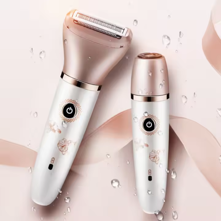 Maquinilla de afeitar eléctrica para mujer -Afeitadora 2 en 1 para mujer Bikini Piernas Axila Cara Húmedo y seco Recortador de bikini recargable sin dolor 2 cabezales de corte intercambiables (oro rosa) - 1