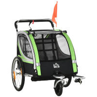 HOMCOM Remolque de Bicicleta para Niños +18 Meses 2 en 1 Cochecito de Paseo de 2 Plazas con Freno de Mano Cinturón de Seguridad Bandera y Reflectores 142x75x101 cm Verde - details 0
