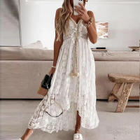 Vestido Largo Bohemio De Verano Elegante Para Mujer Con Encaje Y Tirantes Spaghetti Vestido Casual De Vacaciones Sin Mangas Cuello V - details 3
