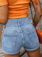 Shorts De Mezclilla De Alta Cintura Para Mujer Estilo Elegante Con Botones Versátiles Y Ajustados Para Cada Temporada - details 4