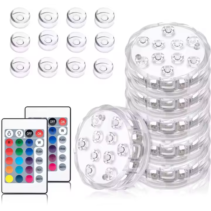 Piezas de Luz LED Sumergible, 10 Lámparas Subacuáticas LED 16 Colores RGB con 12 Ventosas y 1 Control Remoto RF, Lámparas de Iluminación de Piscina IP68 Impermeable para Estanque Acuario Spa Piscina Jardín - 1