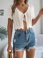 Cardigan De Punto Para Mujer Verano Otoño Ligero De Visón Manga Corta Cuello Redondo Estilo Casual Color Sólido Con Agujeros - details 22