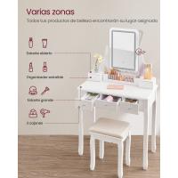 Tocador con espejo LED, 3 colores de luz led y brillo ajustable, taburete acolchado incluido, 5 cajones y organizador extraíble - details 3