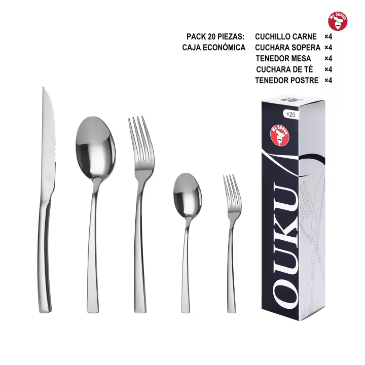 Mr.Spoon Serie Montaña Juego 20, 30 o 36 piezas cubiertos, Acero Inox18/0, Plateado, Económico y funcional, Incluye cuchillo carne o mesa,tenedor,cuchara,cucharilla,etc. Mango monobloque,Apto para lavavajillas,Empaque ecológico,Para casa,hotel,restaurante - 1