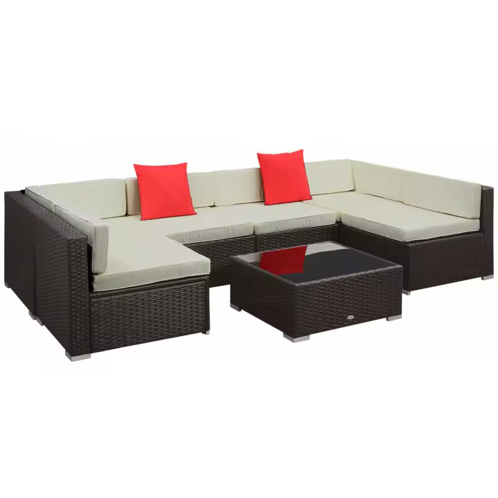 Outsunny Conjunto Muebles de Jardín Ratán 7 Piezas Set de Sofás Patio con 1 Mesita Almohada y Cojín Incluido Marco Acero Resistente Intemperie UV Marrón - 1