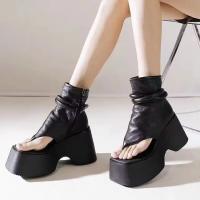 Sandalias De Verano Para Mujer Con Tacón Ancho Plataforma Cuña Cordones De Cuero Genuino Estilo Gladiador Con Corte Y Banda Delgada Botas De Tobillo Con Cordones De Anclaje - details 1