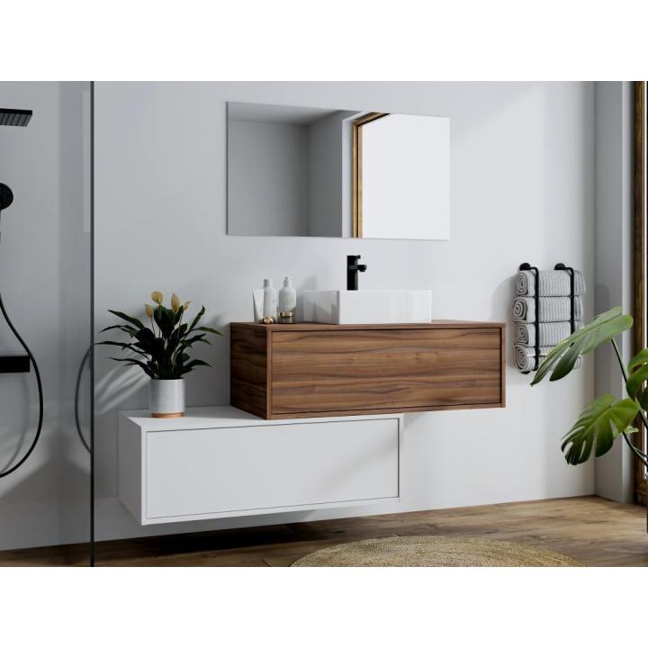 Vente-unique - Mueble de baño flotante en color natural oscuro y blanco con lavabo individual y dos cajones - 94 cm - TEANA II