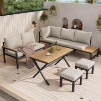 Juego de Muebles de Jardín with Cojines Cómodos: Sofá 3 Plazas, 2 Sillas, 2 Mesas de Café - Encimeras Vidrio Lacado y Madera de Plástico, Acero Galvanizado, Color Gris - details 1