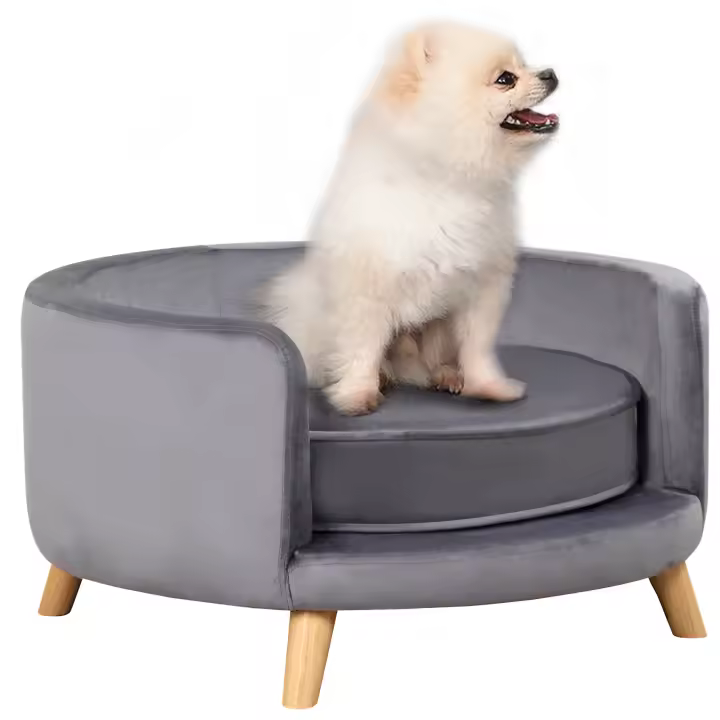 PawHut Sofá para Perros con Aspecto de Terciopelo, sofá para Gatos con cojín, Cama para Perros, sofá para Perros con diseño elevado, Silla para Perros con Patas de Madera, Gris, 68 x 68 x 35 cm - 1