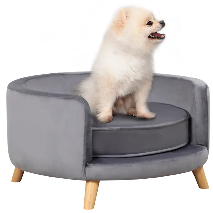 PawHut Sofá para Perros con Aspecto de Terciopelo, sofá para Gatos con cojín, Cama para Perros, sofá para Perros con diseño elevado, Silla para Perros con Patas de Madera, Gris, 68 x 68 x 35 cm - 1