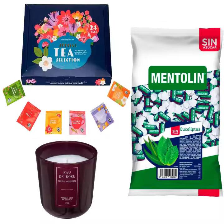 Pack bienestar: MENTOLIN EUCALIPTUS S/A BOLSA 1KG + Vela perfumada rosa de silicona 170 g + Set de Te con 24 bolsitas con diferentes sabores y aromas - 1