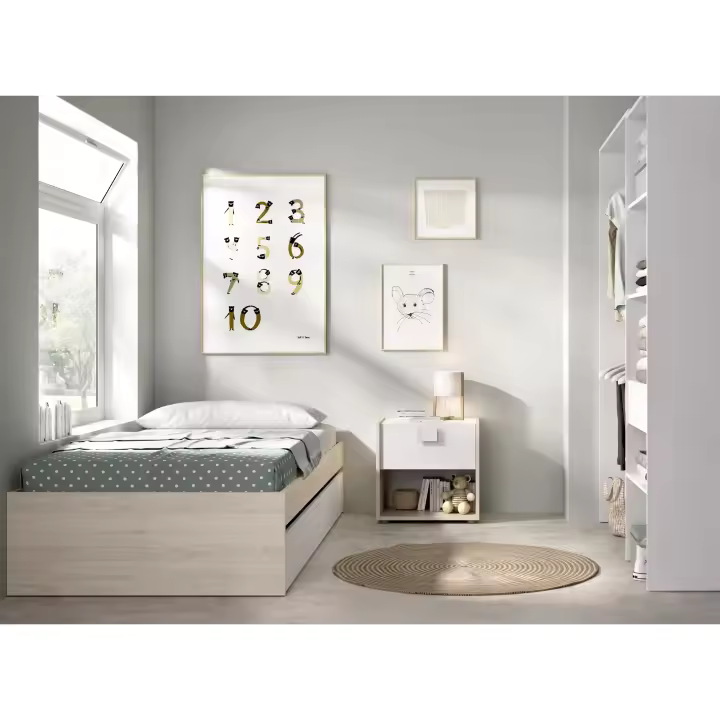 DEKIT GRUPO RIMOBEL LAGO PACK - CONJUNTO DE CAMA NIDO CON 2 CAJONES, MESITA DE NOCHE Y ARMARIO VESTIDOR - NATURAL / BLANCO - 1