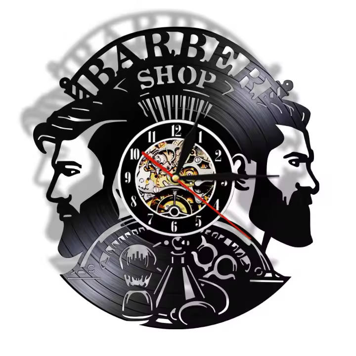 Reloj de Pared Retro para Barbería y Peluquería - Diseño Único de Disco de Vinilo de 30 Cm - Elegancia Vintage, Mecanismo Silencioso y Fácil Instalación - 1