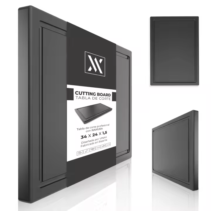 Tabla de corte profesional de cocina VINAK con ranura y tacos antideslizantes  Fabricada en PE-HD resistente y antibacteriano  Para picar y cortar todo tipo de alimentos  340x240x15 mm. Color Negro - 1