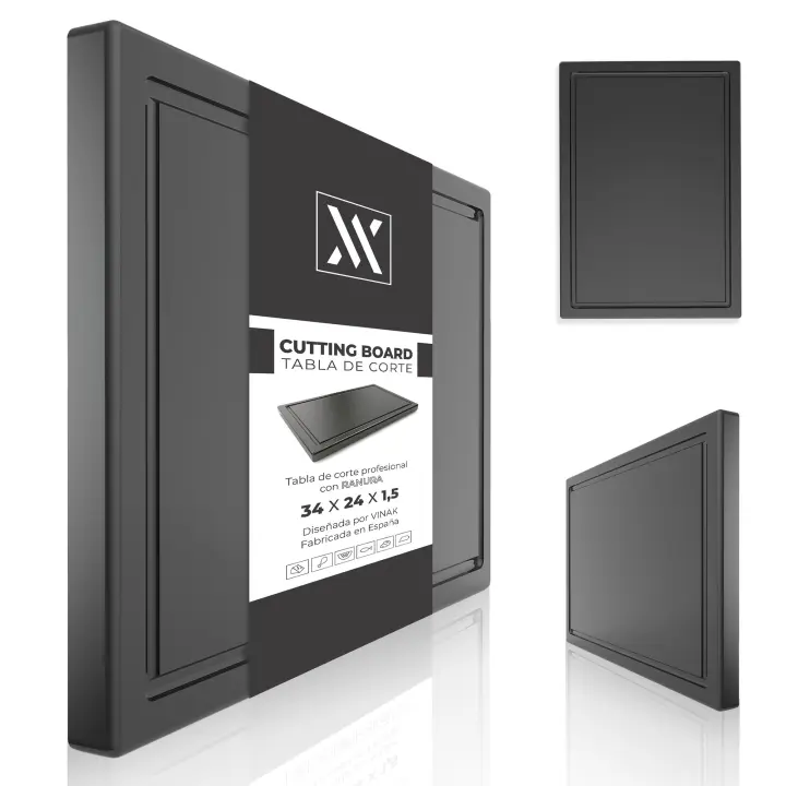 Tabla de corte profesional de cocina VINAK con ranura y tacos antideslizantes  Fabricada en PE-HD resistente y antibacteriano  Para picar y cortar todo tipo de alimentos  340x240x15 mm. Color Negro - 1