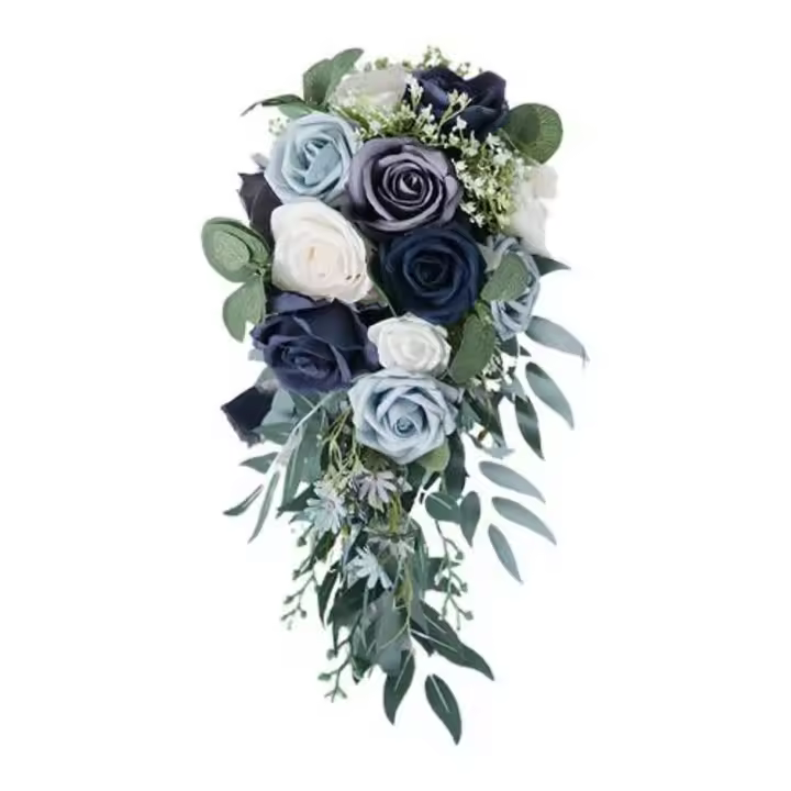 Elegant Wedding Bouquet For The Bride, Roses, Waterfall, Handmade, Bouquet For Church Ceremony, Color Blue Zekai - 1