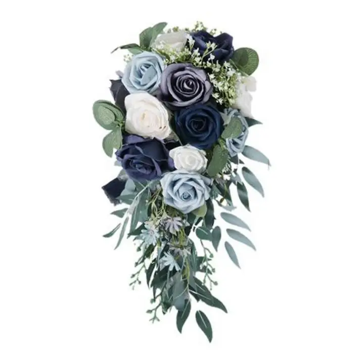 Elegant Wedding Bouquet For The Bride, Roses, Waterfall, Handmade, Bouquet For Church Ceremony, Color Blue Zekai - 1
