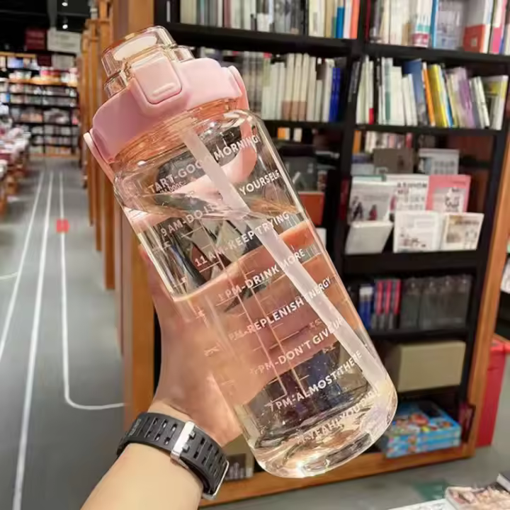 Botella Deportiva De Agua Con Tapa Y Taza Para Exteriores Y Deportes Capacidad Grande De 1.5L/2L/3L Resistente Al Desbordamiento Con Marca De Tiempo En Plástico - 1