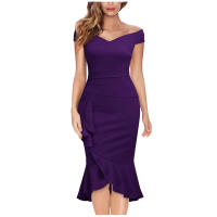 Vestido Elegante Para Mujer De Encaje Con Volante Y Cintura Ajustada Vestido De Fiesta Con Hombros Descubiertos Y Abertura En La Pierna Vestido Clásico De Cintura Alta Y Acolchado - details 3