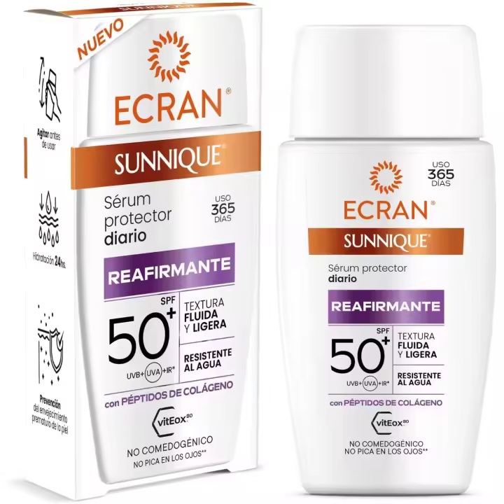 Ecran - Sérum Reafirmante con Colágeno Factor SPF50+ - Protección Solar Facial y Acción Antiedad - Refuerza la Elasticidad y Nutre la Piel 40ml - 1