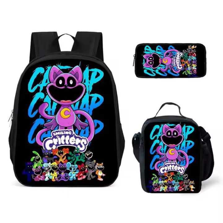 Set De Tres Piezas Buzo Antigua Con Estampado De Gato Cartoon Cuerda De Hombro Curvada Ajustable Bolsa Mensajera De Malla De Alta Capacidad Impermeable - 1