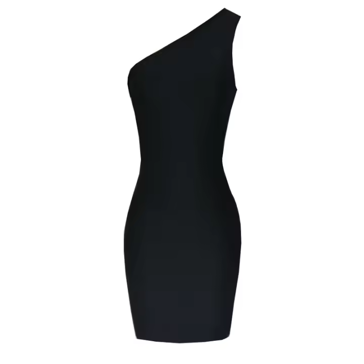 Vestido Mini De Verano Simple Negro Un Hombro Con Estiramiento Slim Moda De Vacaciones Asimétrico Sin Mangas Cierre De Cremallera - 1