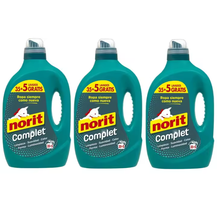 Norit Complet - Detergente Líquido 2000ml 35+5 lavados (Pack 3 uds) - Para todo tipo de tejidos, colores y prendas - Máxima limpieza y luminosidad, incluso en agua fría - Mantiene la forma y protege los colores - Prendas suaves y agradablemente perfumadas - 1
