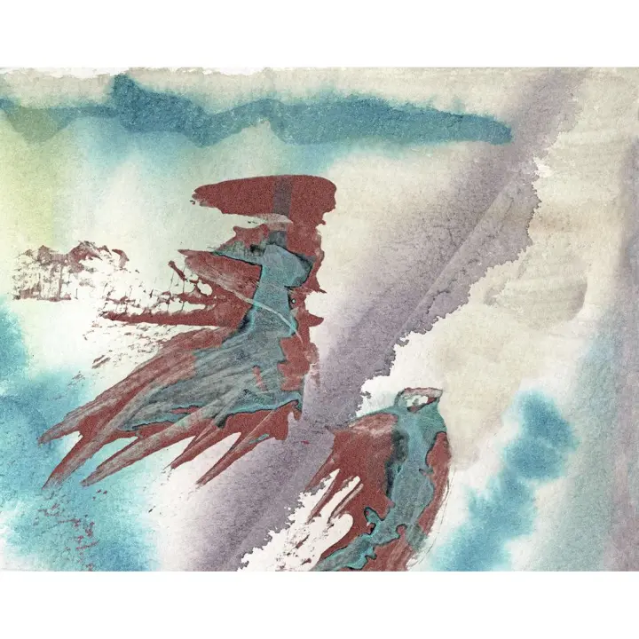 Cuadro decorativo horizontal abstracto grande  "NAUFRAGOS DEL VIENTO" Lienzo Alta calidad Arte Contemporáneo Abstracto moderno original Oxido agua azul salones comedores baños hall entrada figuras Ref A 523 - 1