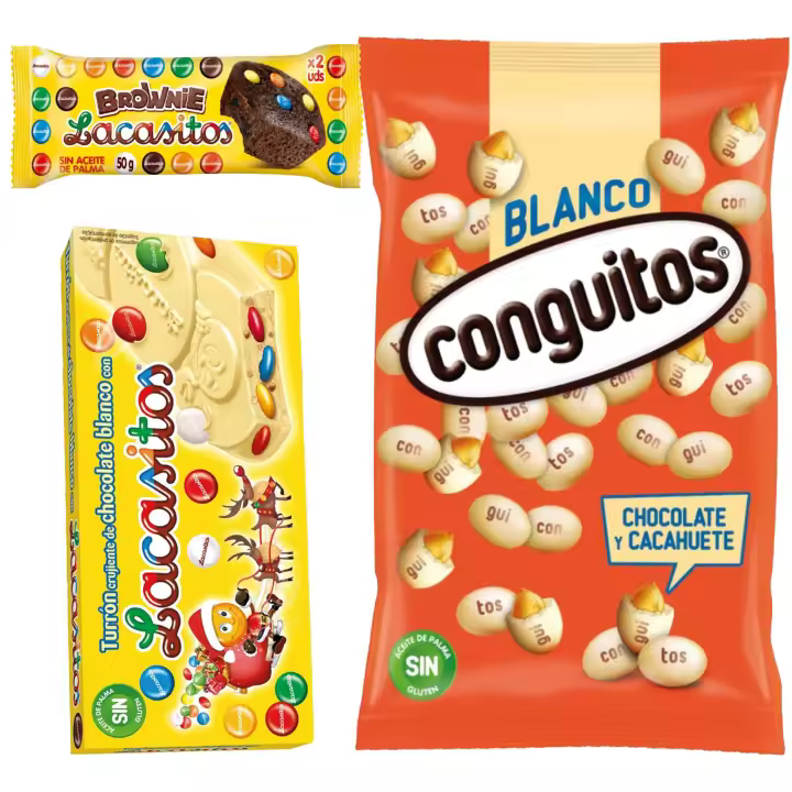 Pack Conguitos blanco bolsa 1kg,Lacasitos turrón de chocolate blanco 215 g,Lacasitos brownie 50g - 1