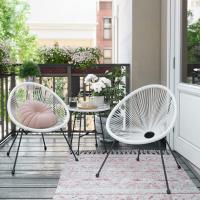 Conjunto de muebles de jardín de 3 piezas, sillas acapulco y mesa con tapa de cristal, asientos de exterior e interior, en negro - details 1