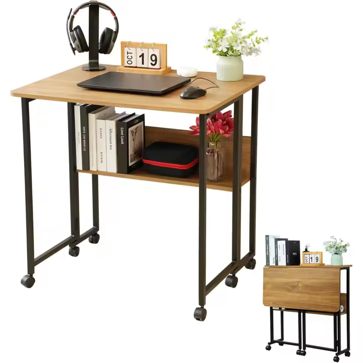 Mesa Plegable Pequeña, Escritorio Plegable con Ruedas, 80 CM Mesa Escritorio Plegable Ordenador con Estante de Almacenamiento para Estudio, Casa Oficina, Espacios Pequeños - 1