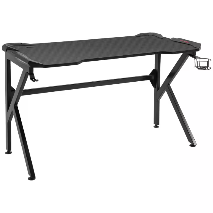 HOMCOM Escritorio para juegos Escritorio para jugadores Escritorio para ordenador Soporte para auriculares Portavasos Prensaestopas incluido Metal MDF Textura de fibra de carbono Negro - 1